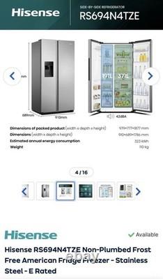 Hisense RS694N4TZE Non-Plumbed Frost Free American Fridge Freezer Stainless