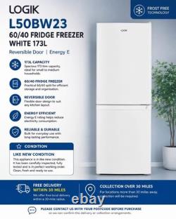 LOGIK L50BW23 60/40 Fridge Freezer White 173L Reversible Door Energy E