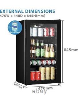 Petit réfrigérateur à boissons Comfee avec porte en verre.